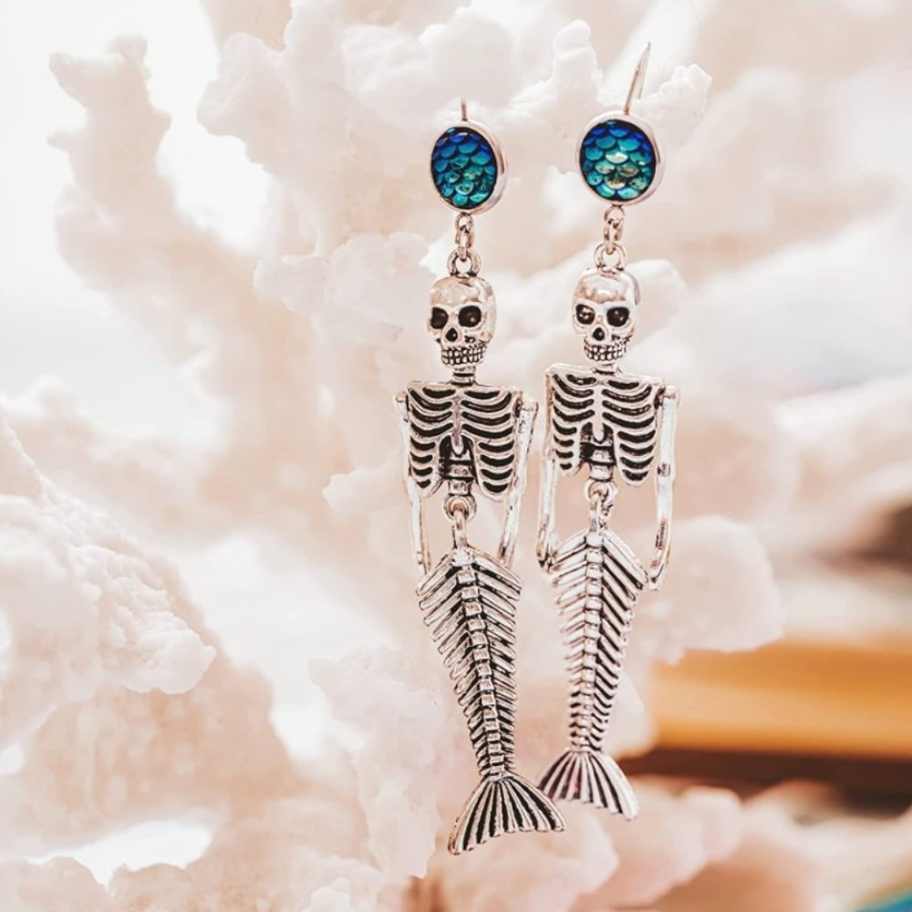 Mermaid Skeleton Dangle Earrings with Scales Summer Halloween Jewelry